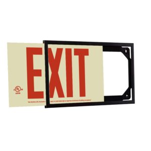 LFI Lights | Photoluminescent Exit Sign with Red Letters | Rigid Plastic | 50' Viewing Distance | Black Frame | Single Sided | Optional Adhesive Arrows | Wall Mount | UL Listed | PA1-R-50