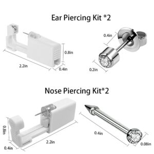 HELLWANG 2 Pack Nose Piercing + 2 Pack Ear Piercing Kit, Simple and Safe to Use, Great for Beginners (Silver)