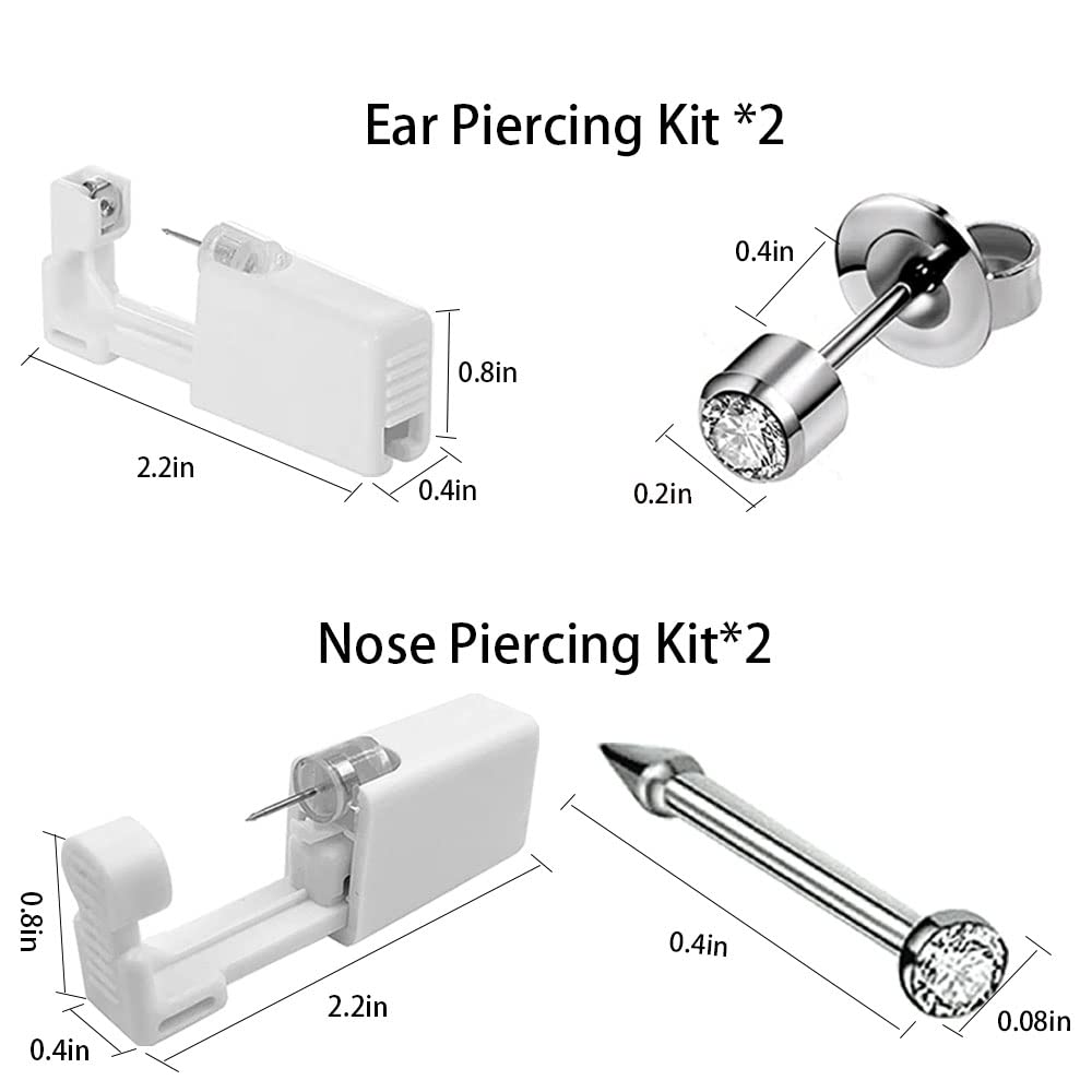 HELLWANG 2 Pack Nose Piercing + 2 Pack Ear Piercing Kit, Simple and Safe to Use, Great for Beginners (Silver)