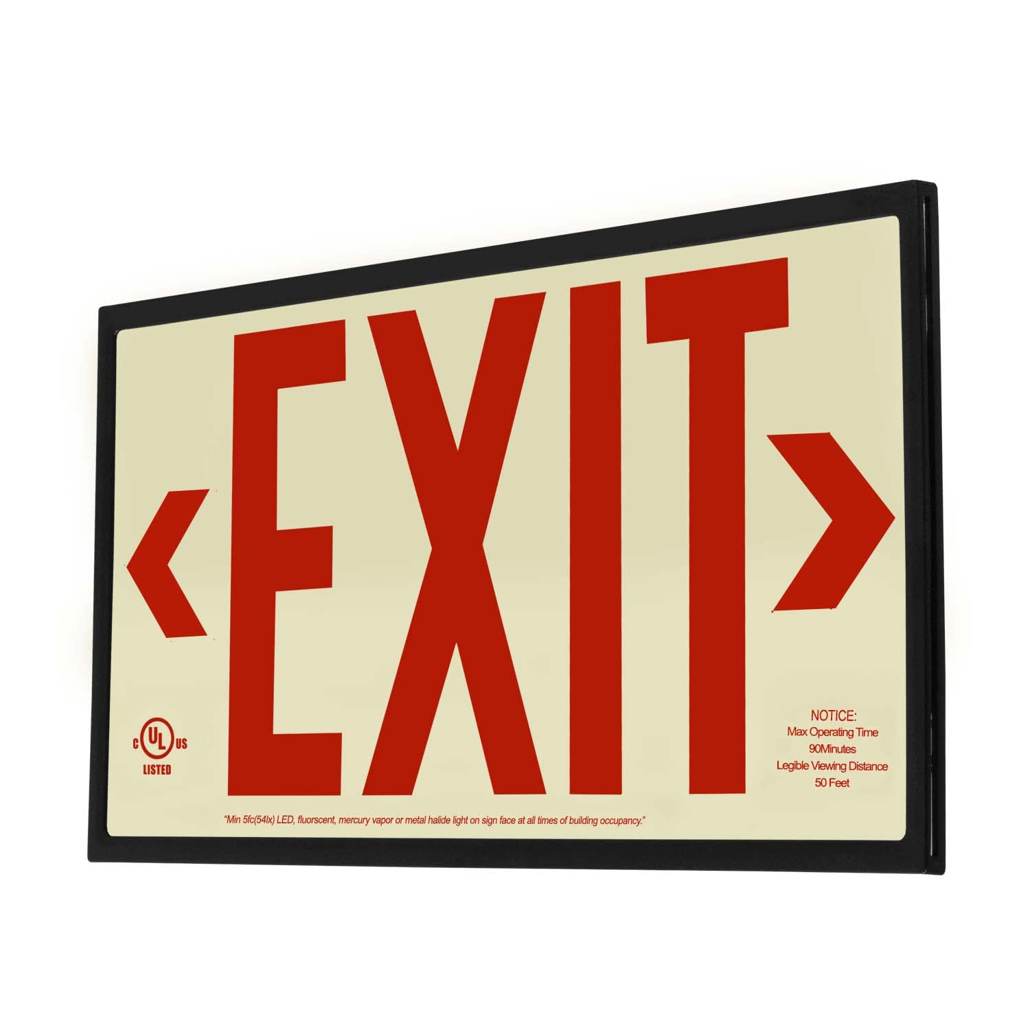 LFI Lights | Photoluminescent Exit Sign with Red Letters | Rigid Plastic | 50' Viewing Distance | Black Frame | Single Sided | Optional Adhesive Arrows | Wall Mount | UL Listed | PA1-R-50