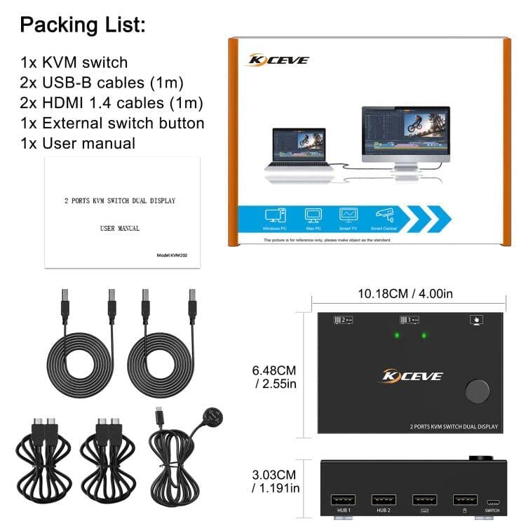 KCEVE KVM Switch 2 Computers 2 Monitors, 4K@30Hz Dual Monitor HDMI USB 2.0 PC Keyboard Mouse Switcher, Support Copy and Extended Display