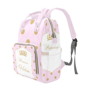 NZOOHY Pink Royal Crown Princess Personalized Name Diaper Bag Tote, Custom Waterproof Nursing Baby Bag Mummy Backpack for Mom Travel Outdoor