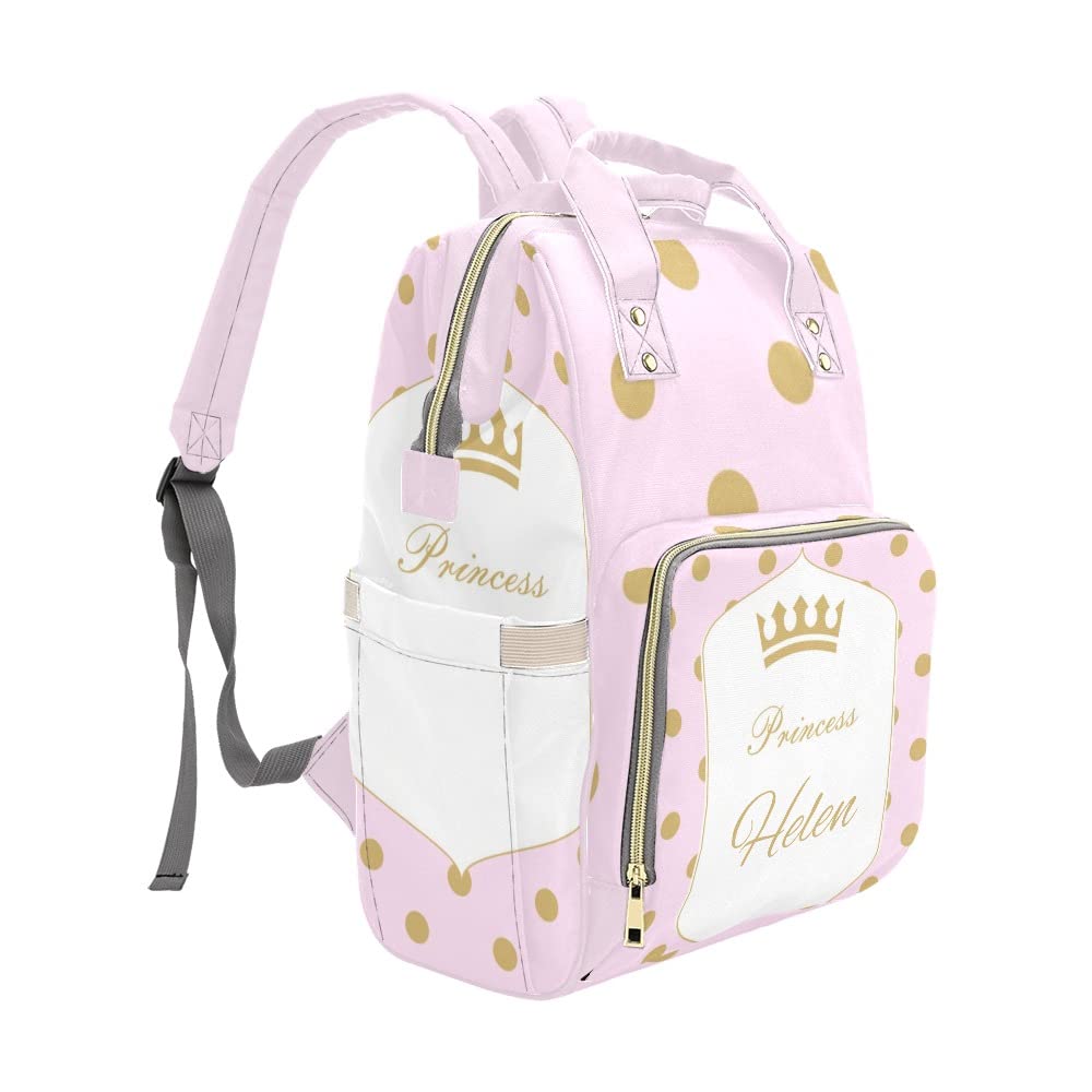 NZOOHY Pink Royal Crown Princess Personalized Name Diaper Bag Tote, Custom Waterproof Nursing Baby Bag Mummy Backpack for Mom Travel Outdoor