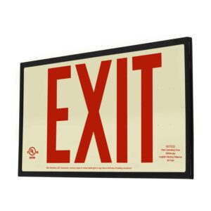 LFI Lights | Photoluminescent Exit Sign with Red Letters | Rigid Plastic | 50' Viewing Distance | Black Frame | Single Sided | Optional Adhesive Arrows | Wall Mount | UL Listed | PA1-R-50