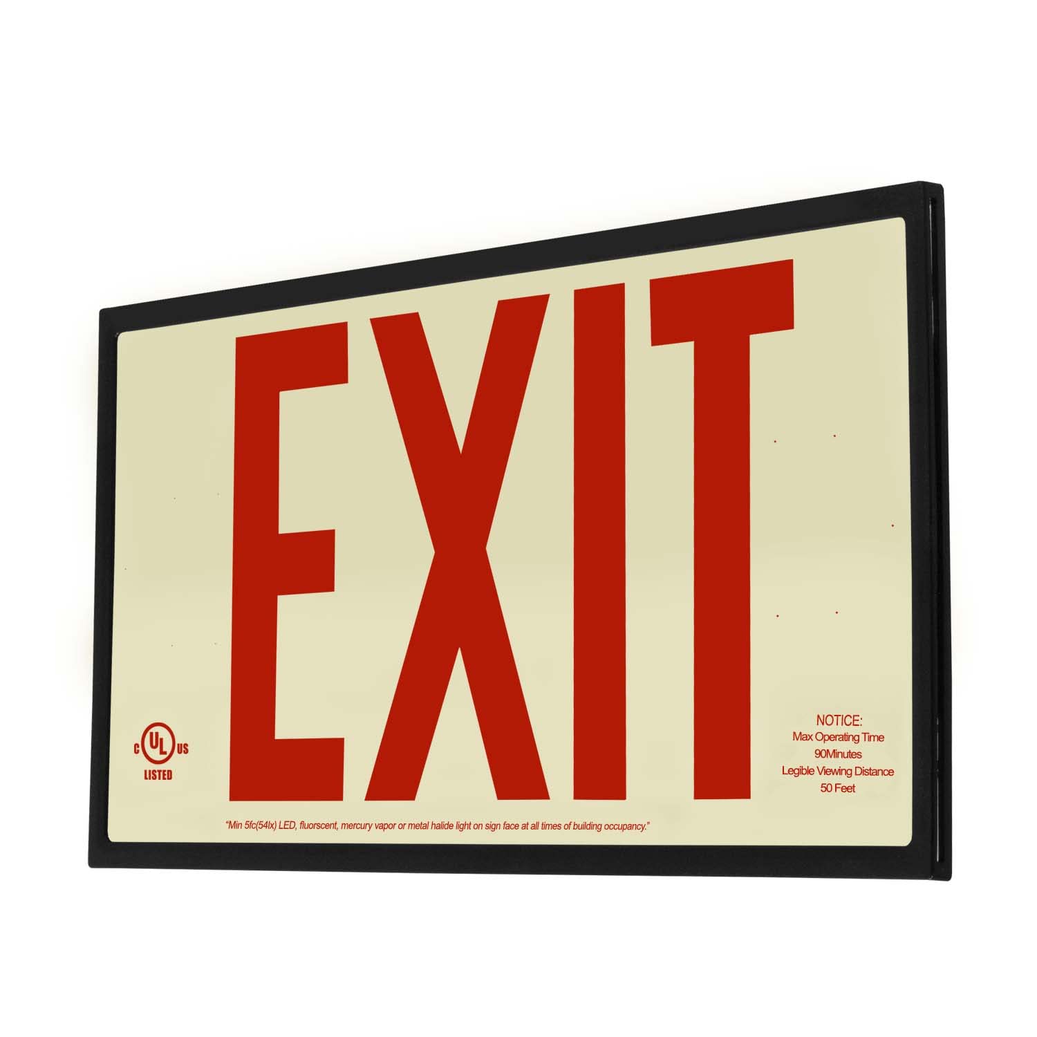 LFI Lights | Photoluminescent Exit Sign with Red Letters | Rigid Plastic | 50' Viewing Distance | Black Frame | Single Sided | Optional Adhesive Arrows | Wall Mount | UL Listed | PA1-R-50