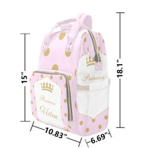 NZOOHY Pink Royal Crown Princess Personalized Name Diaper Bag Tote, Custom Waterproof Nursing Baby Bag Mummy Backpack for Mom Travel Outdoor