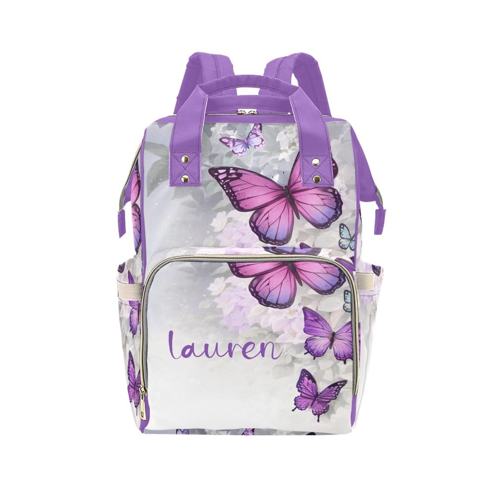 Anneunique Fantasy Cute Purple Butterfly Diaper Bags Backpack with Name Personalized Baby Bag Nursing Nappy Bag Travel Tote Bag Gifts for Mom Girl, 10.83 x 6.69 x 15 Inch