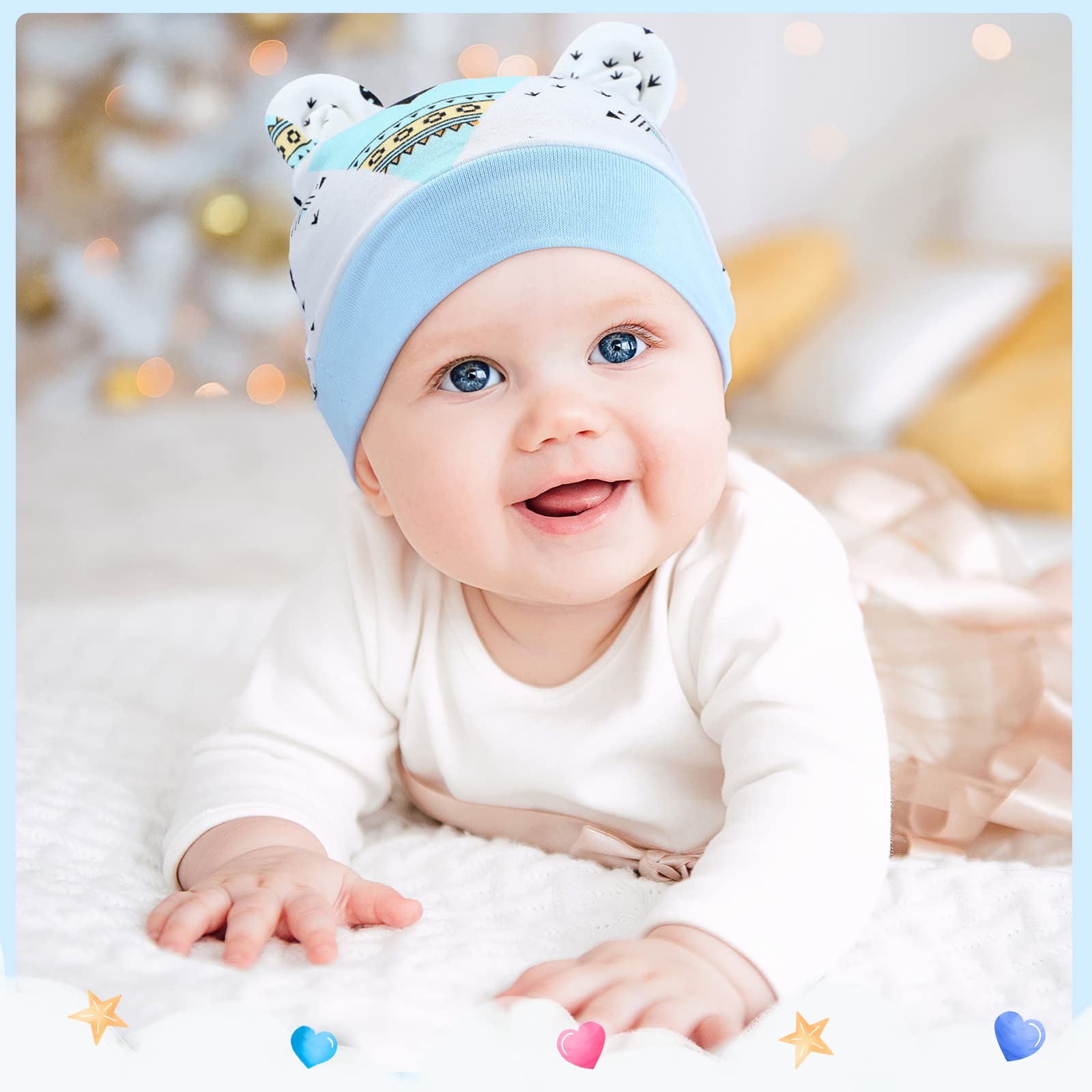 6 Pieces Newborn Baby Hat Bear Ears Infant Caps Baby Boy Girl Toddler Hats Infant Beanie Caps for 0-3 Months (Gray, Blue, White, Dark Blue,Cool)