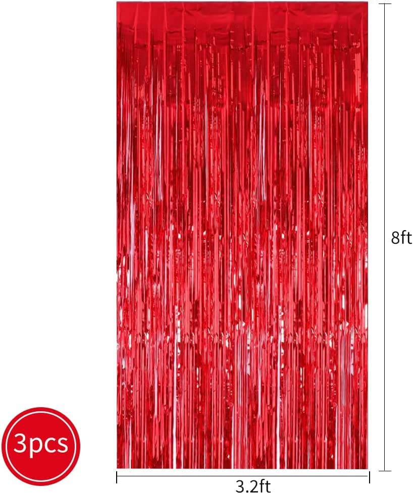 TONIFUL 3Pcs Red Door Streamers,Red Photo Booth Backdrop Metallic Streamers Red Foil Fringe Curtains for Birthday,Christmas,New Year,Bachelorette,Graduation Party Streamers Decor(9.9ft x 8.2ft)