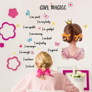 Pinenjoy Girl Magic I am Kind Inspirational Wall Decals Pink Princess Butterfly Wall Sticker Motivational Saying Postive Words Wall Decors for DIY Nursery Baby Kids Bedroom Playroom Classroom