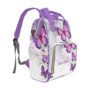 Anneunique Fantasy Cute Purple Butterfly Diaper Bags Backpack with Name Personalized Baby Bag Nursing Nappy Bag Travel Tote Bag Gifts for Mom Girl, 10.83 x 6.69 x 15 Inch