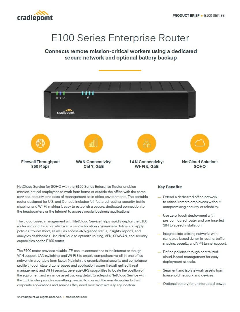 Cradlepoint 1-yr NetCloud SOHO Branch Essentials Plan, and E100 Router with WiFi (300 Mbps Modem), North America