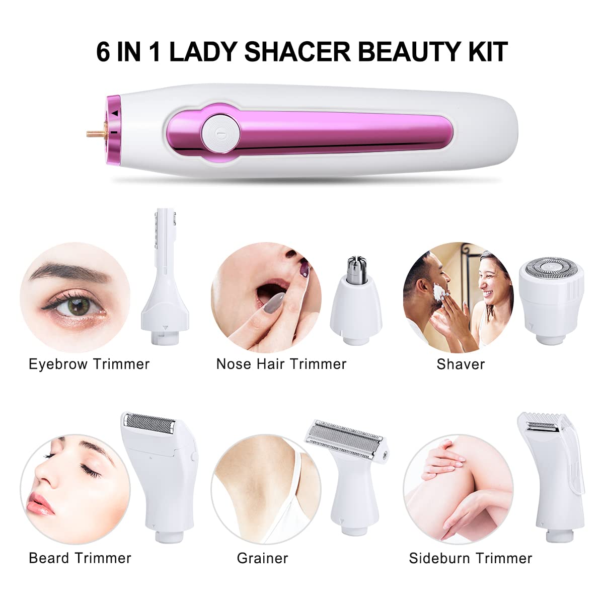 Electric Razor for Women,Painless 6 in 1 Womens Electric Face shavers for Body Hair Removal,depilacion for Brow,Nose,Legs,Underarms Bikini Area,Wet&Dry,Detachable Head Rechargeable pubic Hair Trimmer