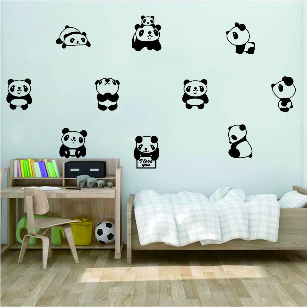 ANFRJJI 10 pcs Cute Small Panda Wall Decal Sticker Nordic Style Cute Animal Vinyl Wall Stickers for Kids Room Baby Room Nursery Wall Decor Effect Size 34"x64"inch (black-JWH265-Panda)