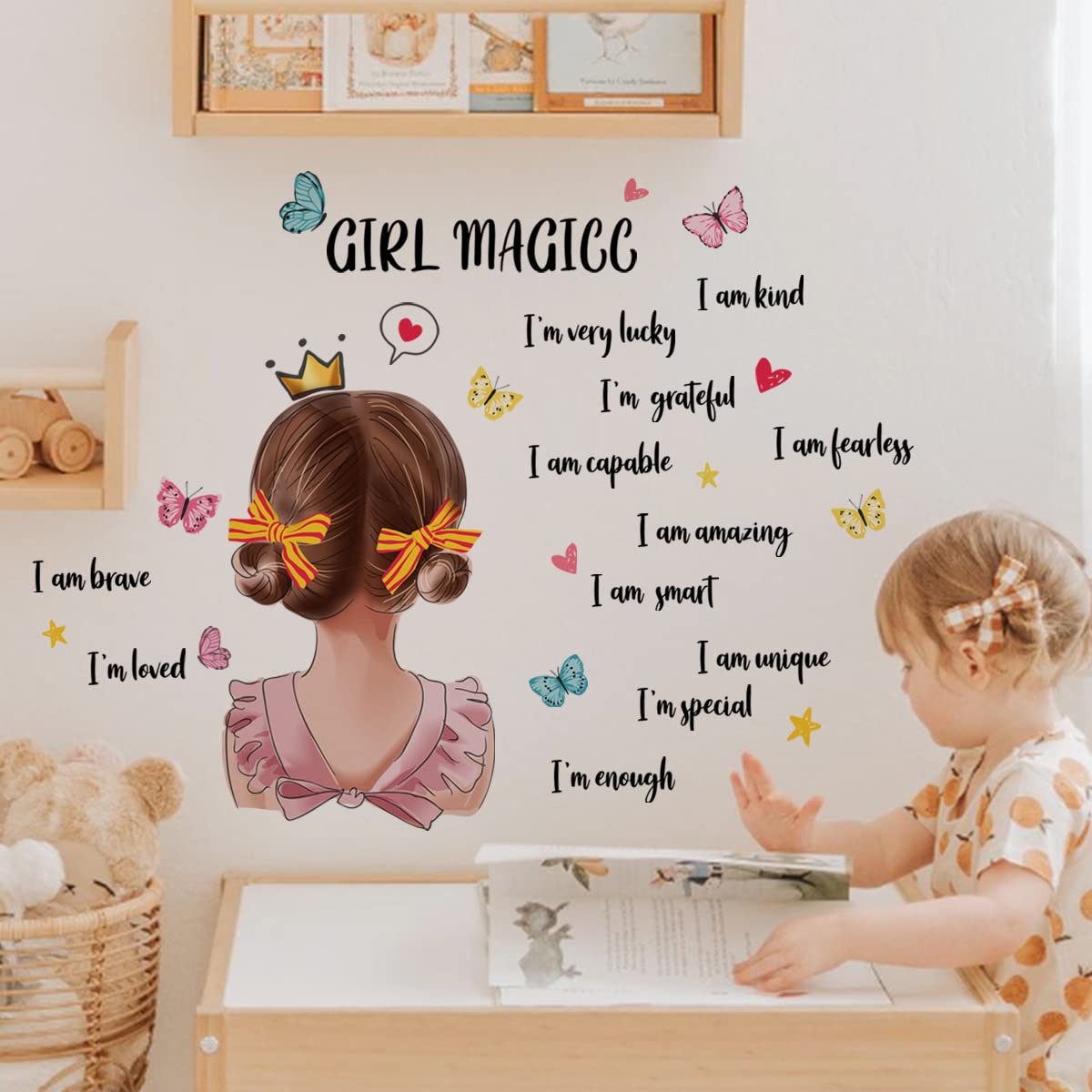 Pinenjoy Girl Magic I am Kind Inspirational Wall Decals Pink Princess Butterfly Wall Sticker Motivational Saying Postive Words Wall Decors for DIY Nursery Baby Kids Bedroom Playroom Classroom