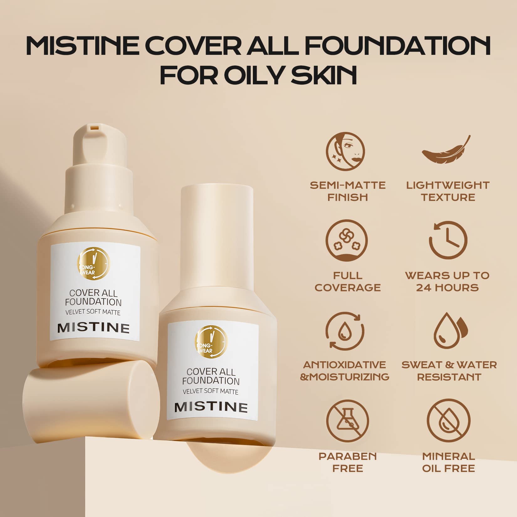 MISTINE Full Coverage Foundation Makeup for Oily Skin,24 Hour Oil Control Liquid Foundation,Skin-Caring,Moisturizing Formula,Cream Foundation,Matte Finish,Creamy Beige,1 Fl Oz