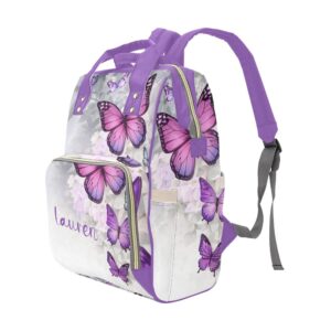 Anneunique Fantasy Cute Purple Butterfly Diaper Bags Backpack with Name Personalized Baby Bag Nursing Nappy Bag Travel Tote Bag Gifts for Mom Girl, 10.83 x 6.69 x 15 Inch