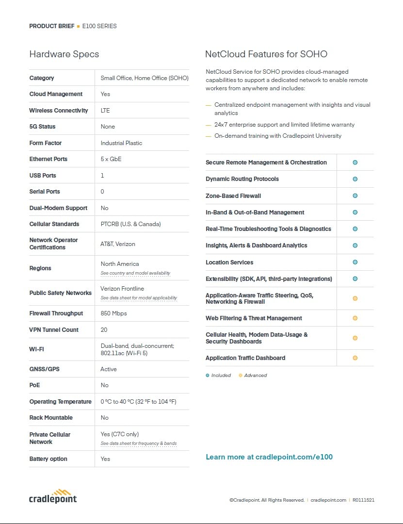 Cradlepoint 1-yr NetCloud SOHO Branch Essentials Plan, and E100 Router with WiFi (300 Mbps Modem), North America