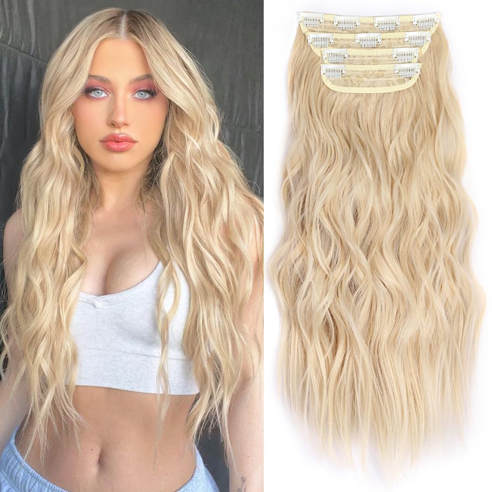 ALXNAN Clip in Hair Extension,Long Wavy Blonde Hair Extensions, 20 Inch 4PCS Thick Hairpieces Fiber Double Weft Hair for Women