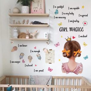 Pinenjoy Girl Magic I am Kind Inspirational Wall Decals Pink Princess Butterfly Wall Sticker Motivational Saying Postive Words Wall Decors for DIY Nursery Baby Kids Bedroom Playroom Classroom