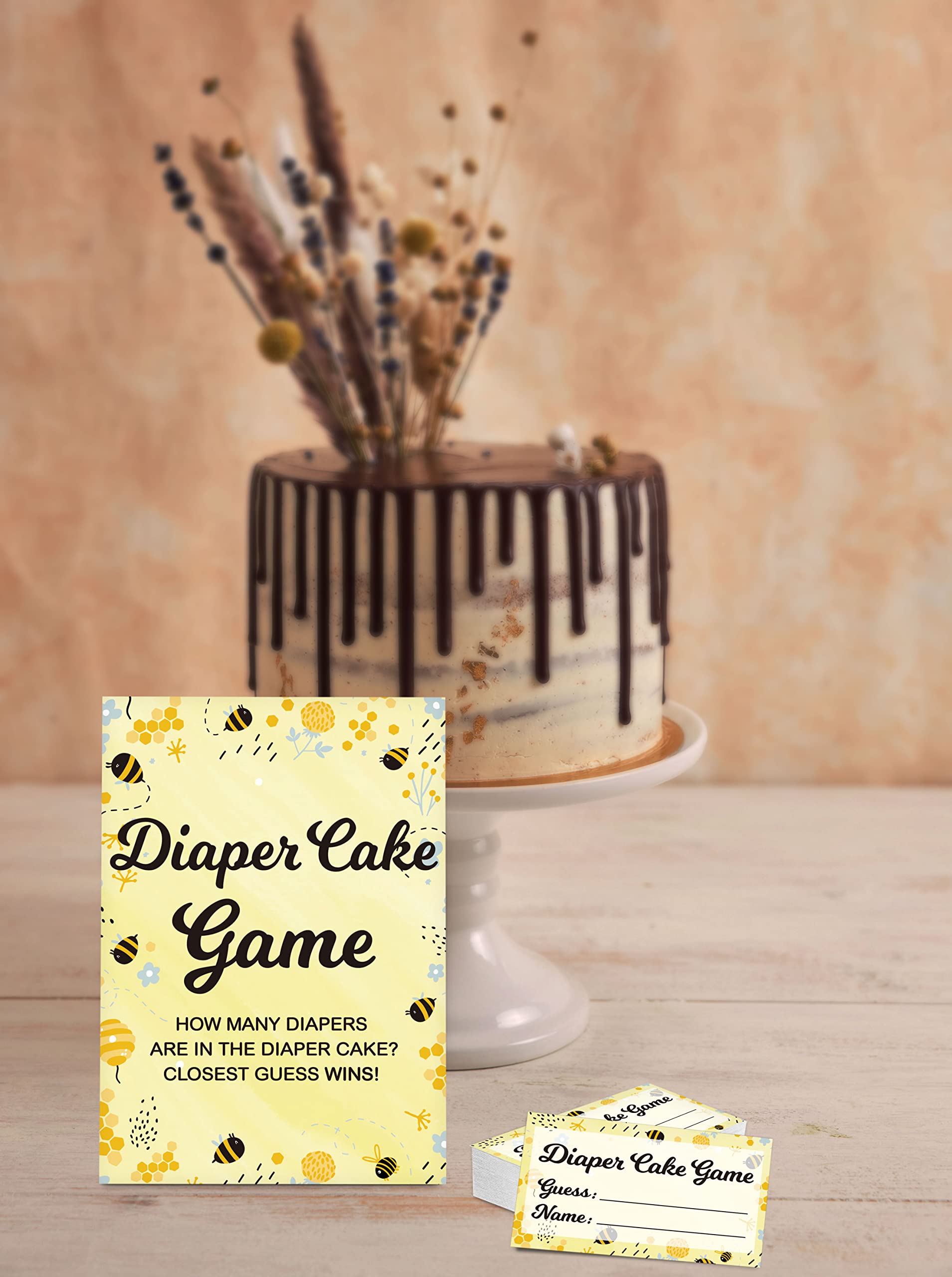 Baby Shower Game Set, Diaper Cake Games(1 Standing Sign + 50 Guessing Cards), Bumble Bee Guess How Many Diapers Party Game, Honey Honeycomb Gender Reveal Party Favor Decor(A05)