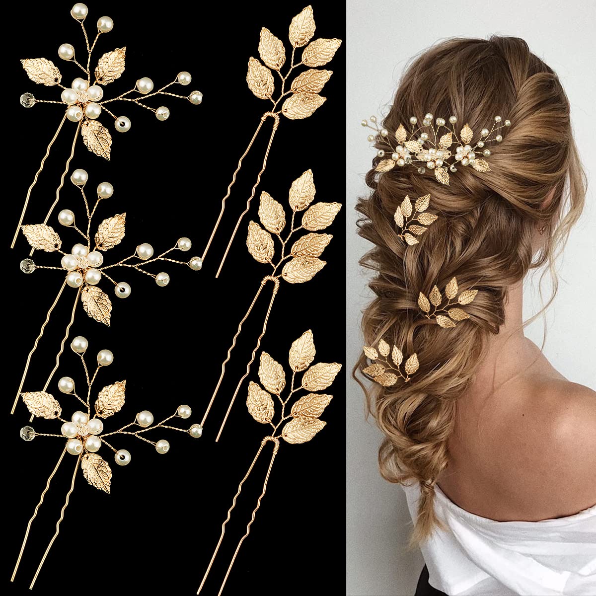 6 Pieces Bridal Wedding Hair Pins Gold Leaf Crystal Pearl Hair Pins Clips Headpiece Vintage Wedding Hair Accessories Jewelry with Rhinestone for Brides Bridesmaids Flower Girls (Classic)