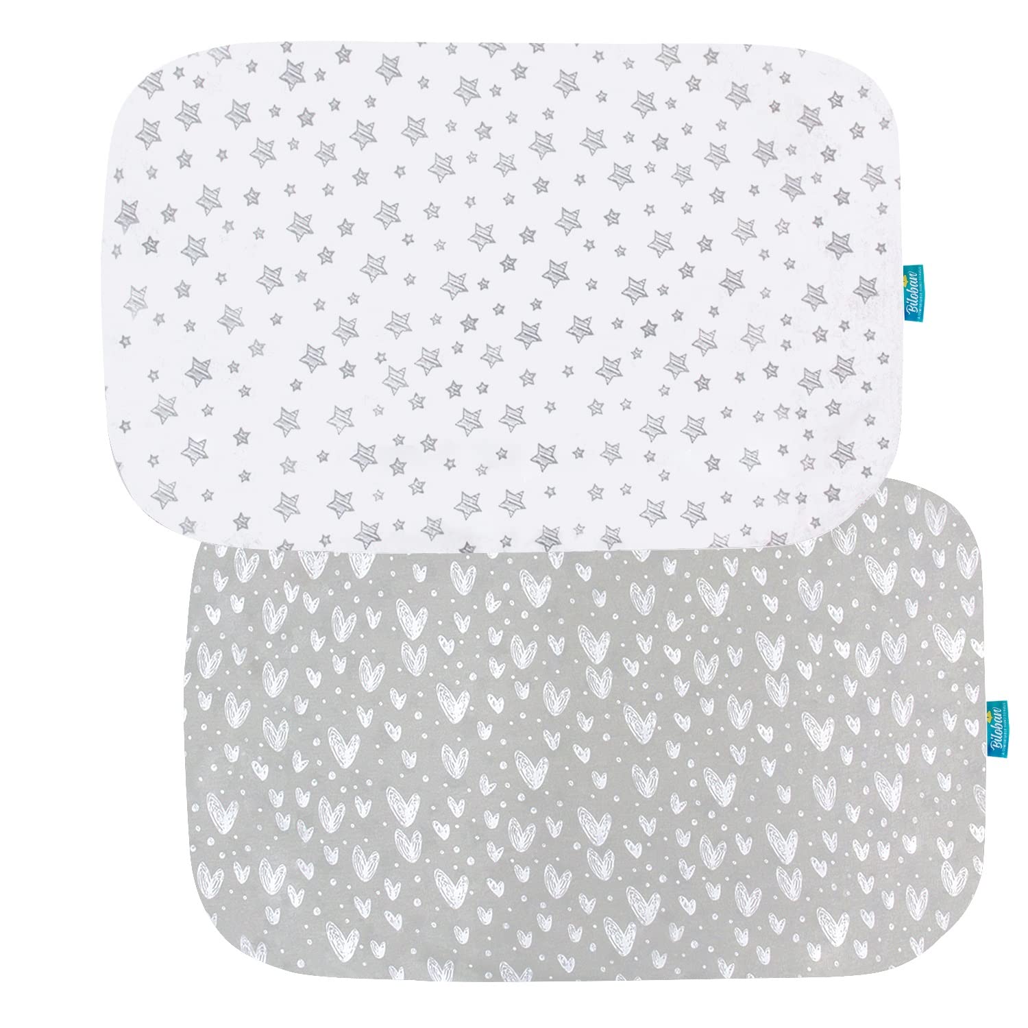 Cotton Sheets for 4moms Breeze Plus Portable Playard and Bassinet, Breathable and Heavenly Soft, Grey Hearts and White Stars Print for Baby