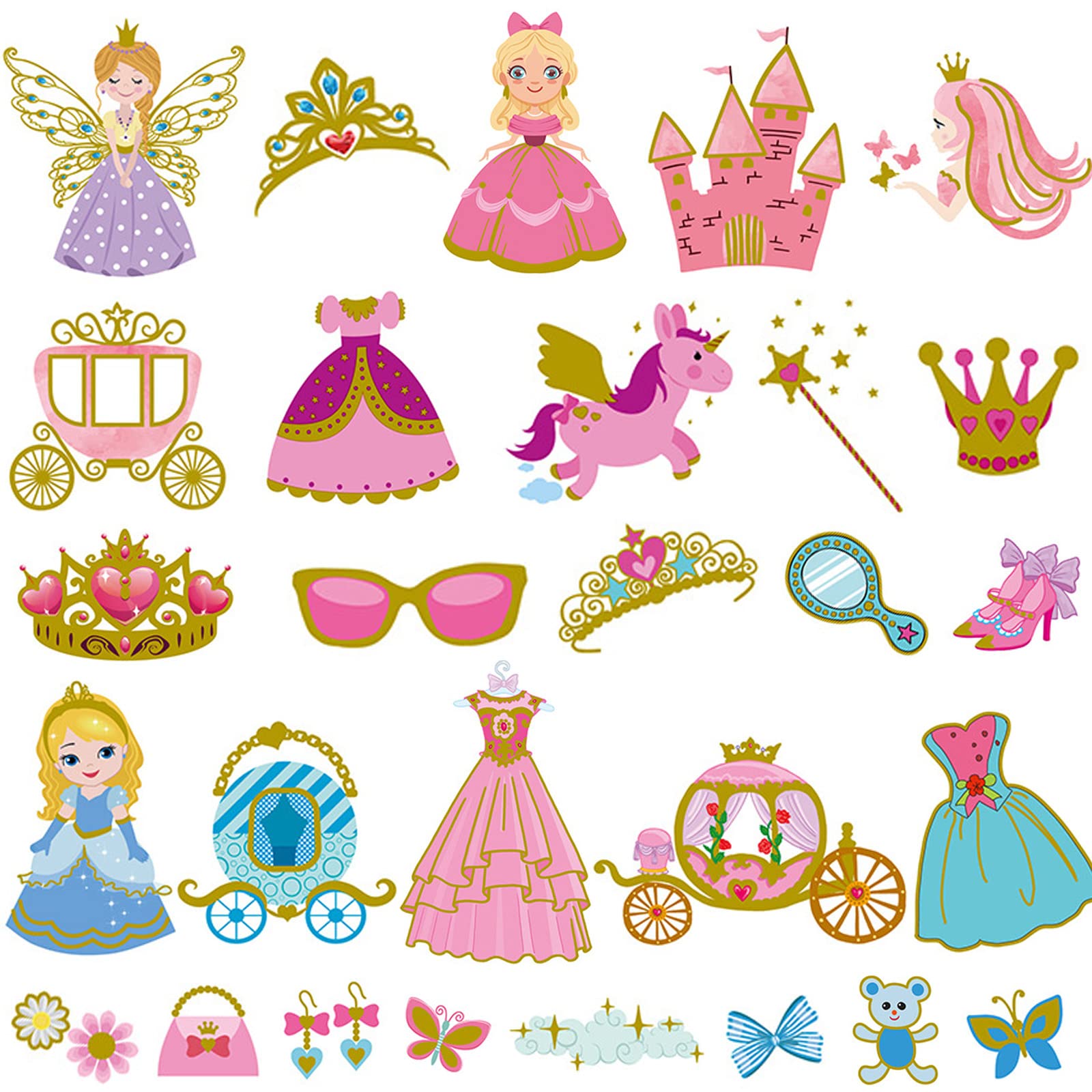 Ooopsiun Glitter Princess Temporary Tattoos for Girls - 70 Gold Glitter Styles, Princess Birthday Party Decorations Supplies Favors for Gilrs Kids