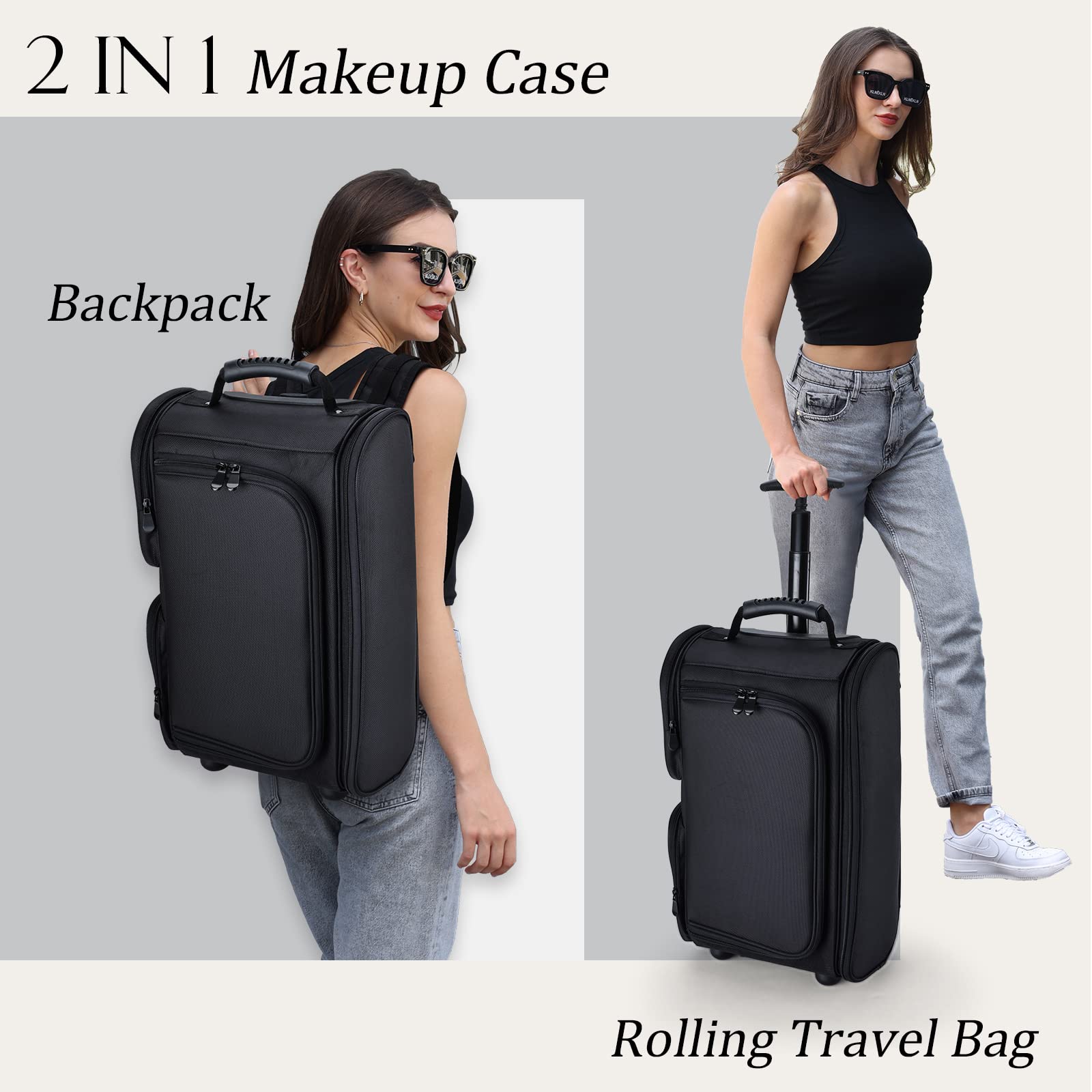 Hododou Rolling Makeup Train Case 2-Way Makeup Travel Backpack Cosmetic Organizer Case Portable Make up Case with Wheels Large Travel Cases Carry on Cosmetology Trolley Bag with 5 Pouches