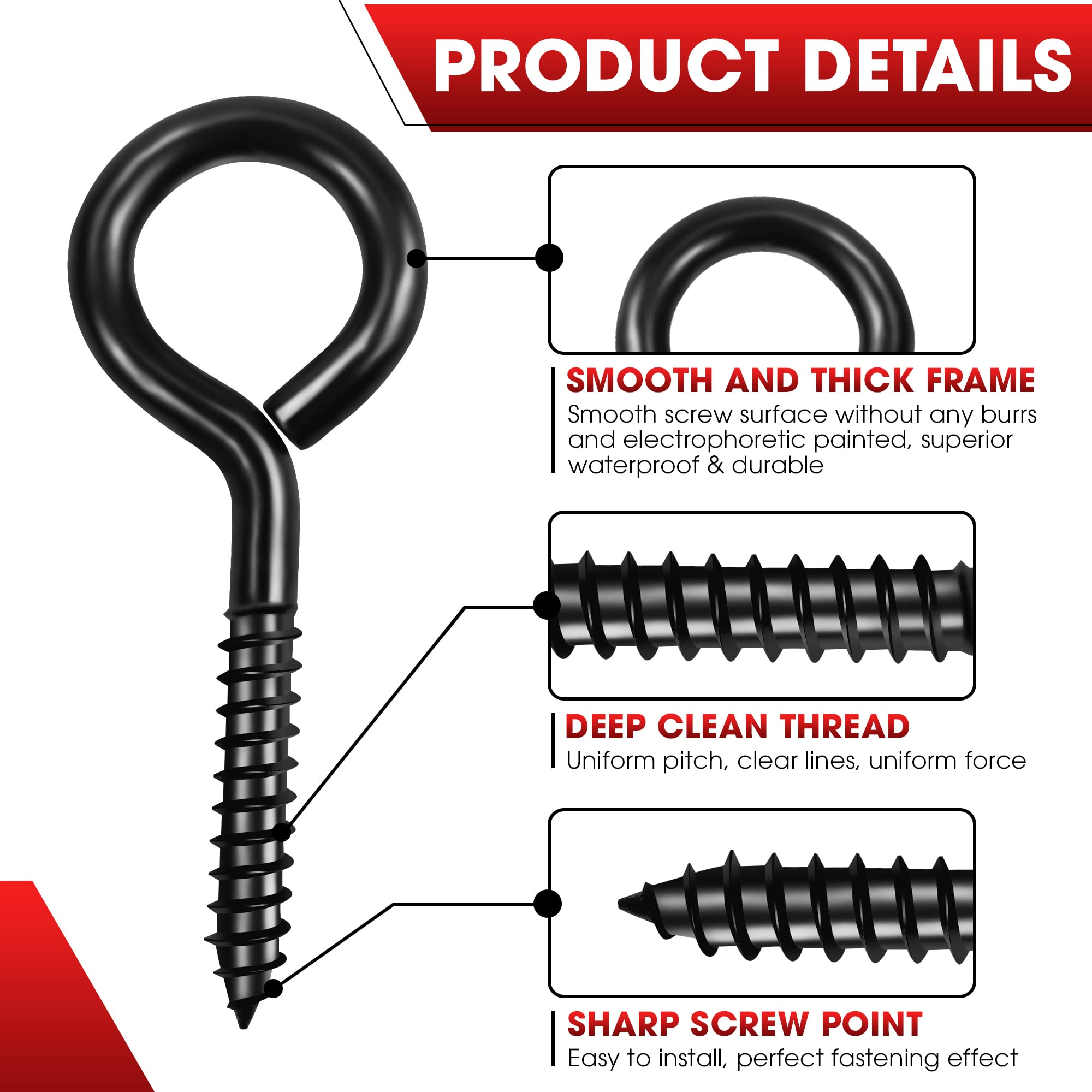 8PCS Screw Eyes, 3.2 Inch Black Eye Hooks Screw Self Tapping Eye, Heavy Duty Eye Bolt for Wood Securing Cables Wire, Hammock Stand, Indoor & Outdoor Use