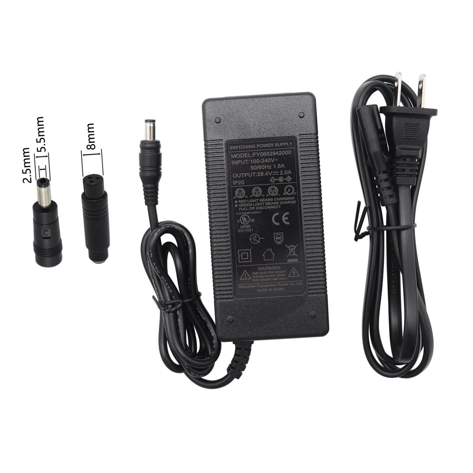 xiixtoo 29.4V 2A AC Power Supply Charger 24V 25.2V 25.9V AC-DC 5.5 x 2.1 mm Plug with 5.5 x 2.5 mm Tip for 7S 24V Lithium Battery Pack