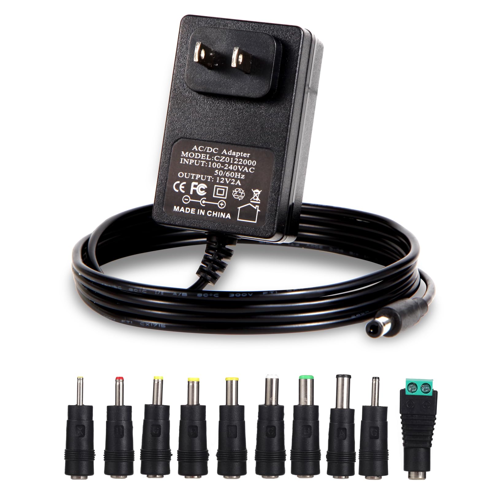 12V 2A Power Adapter Charger AC 12V Regulated Power Supply DC in 12 Volts 2000mA Power Cord with 10 Interchangeable DC Plug for 1A 1.1A 1.2A 1.3A 1.4A 1.5A 1.6A 1.7A 1.8A 1.9A 2A Electronics