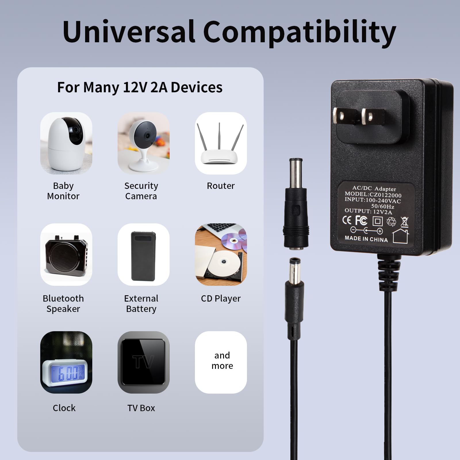 12V 2A Power Adapter Charger AC 12V Regulated Power Supply DC in 12 Volts 2000mA Power Cord with 10 Interchangeable DC Plug for 1A 1.1A 1.2A 1.3A 1.4A 1.5A 1.6A 1.7A 1.8A 1.9A 2A Electronics