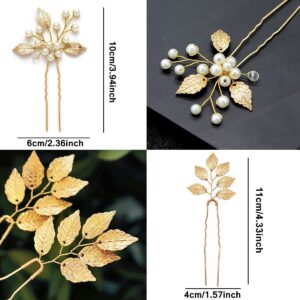 6 Pieces Bridal Wedding Hair Pins Gold Leaf Crystal Pearl Hair Pins Clips Headpiece Vintage Wedding Hair Accessories Jewelry with Rhinestone for Brides Bridesmaids Flower Girls (Classic)