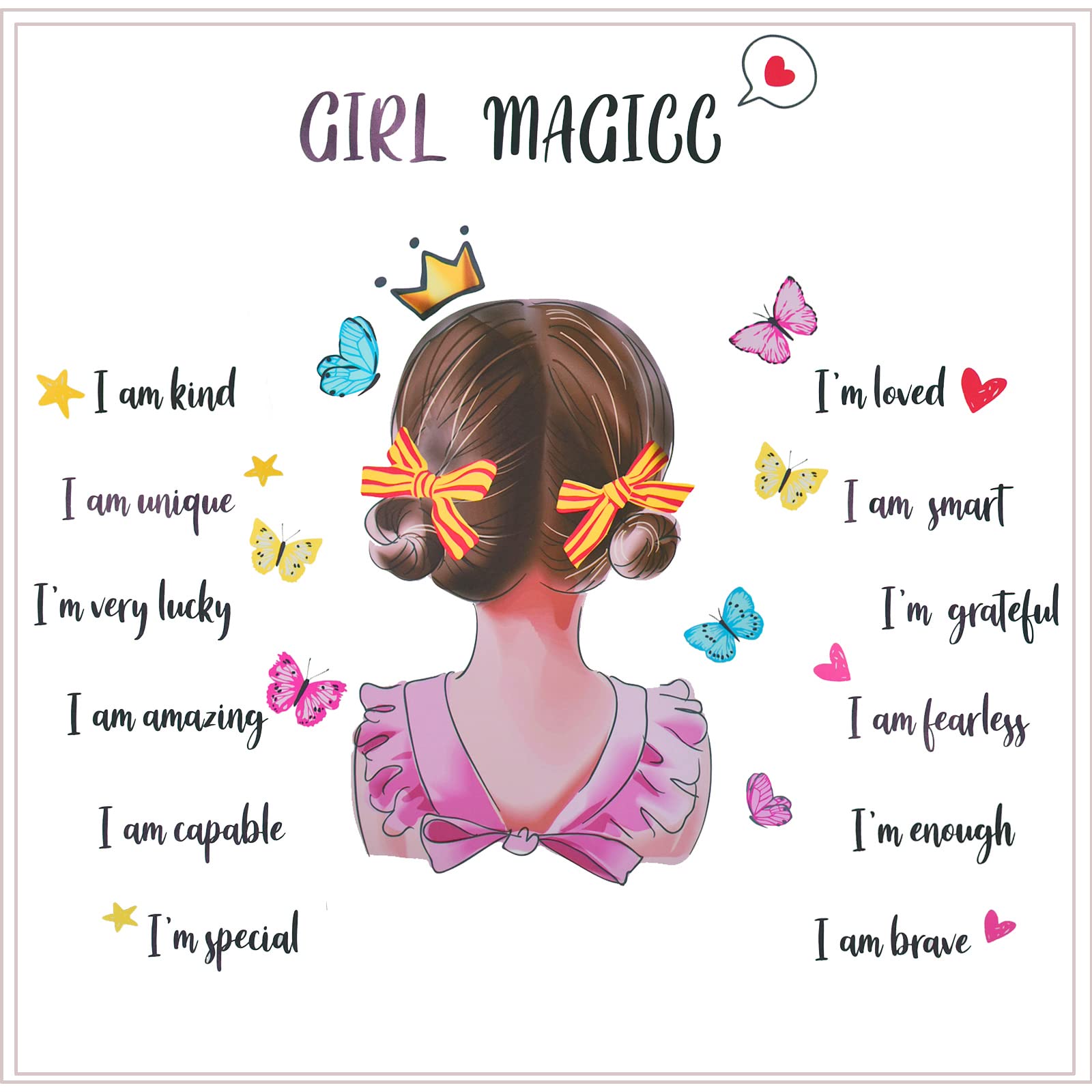 Pinenjoy Girl Magic I am Kind Inspirational Wall Decals Pink Princess Butterfly Wall Sticker Motivational Saying Postive Words Wall Decors for DIY Nursery Baby Kids Bedroom Playroom Classroom