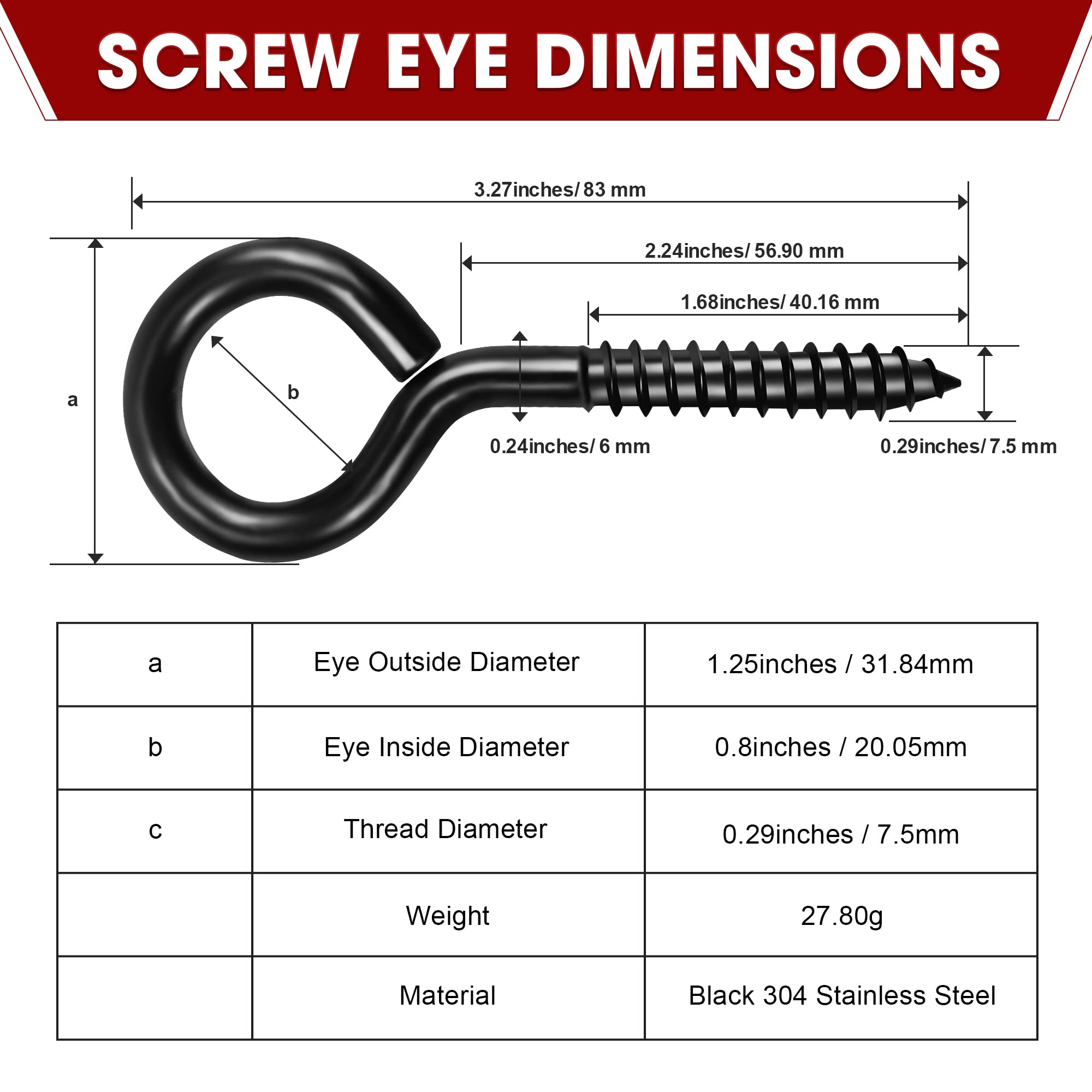 8PCS Screw Eyes, 3.2 Inch Black Eye Hooks Screw Self Tapping Eye, Heavy Duty Eye Bolt for Wood Securing Cables Wire, Hammock Stand, Indoor & Outdoor Use