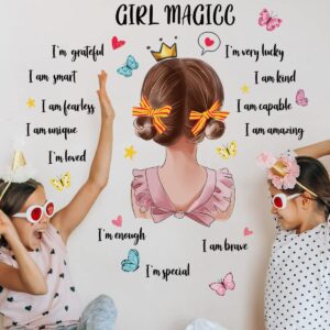 Pinenjoy Girl Magic I am Kind Inspirational Wall Decals Pink Princess Butterfly Wall Sticker Motivational Saying Postive Words Wall Decors for DIY Nursery Baby Kids Bedroom Playroom Classroom