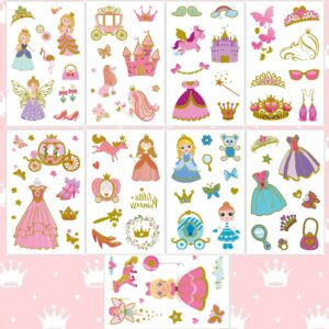 Ooopsiun Glitter Princess Temporary Tattoos for Girls - 70 Gold Glitter Styles, Princess Birthday Party Decorations Supplies Favors for Gilrs Kids