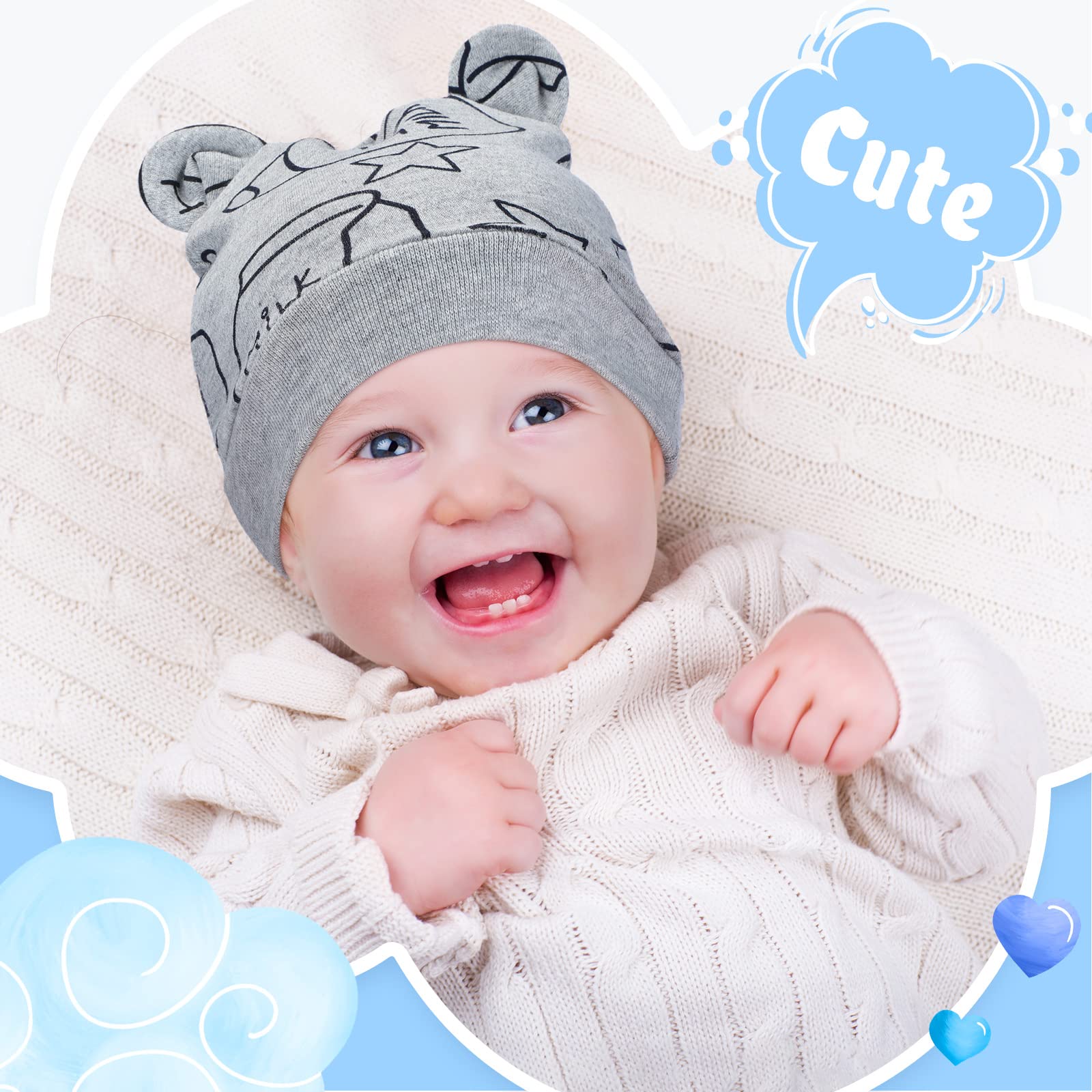 6 Pieces Newborn Baby Hat Bear Ears Infant Caps Baby Boy Girl Toddler Hats Infant Beanie Caps for 0-3 Months (Gray, Blue, White, Dark Blue,Cool)