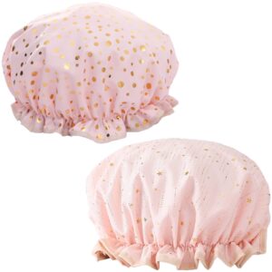 qeuly 2 pack waterproof shower cap, reusable shower cap for women, elastic bathing shower hat double layers bathing hair cap peva lined shower hair bath cap (pink dots / star)