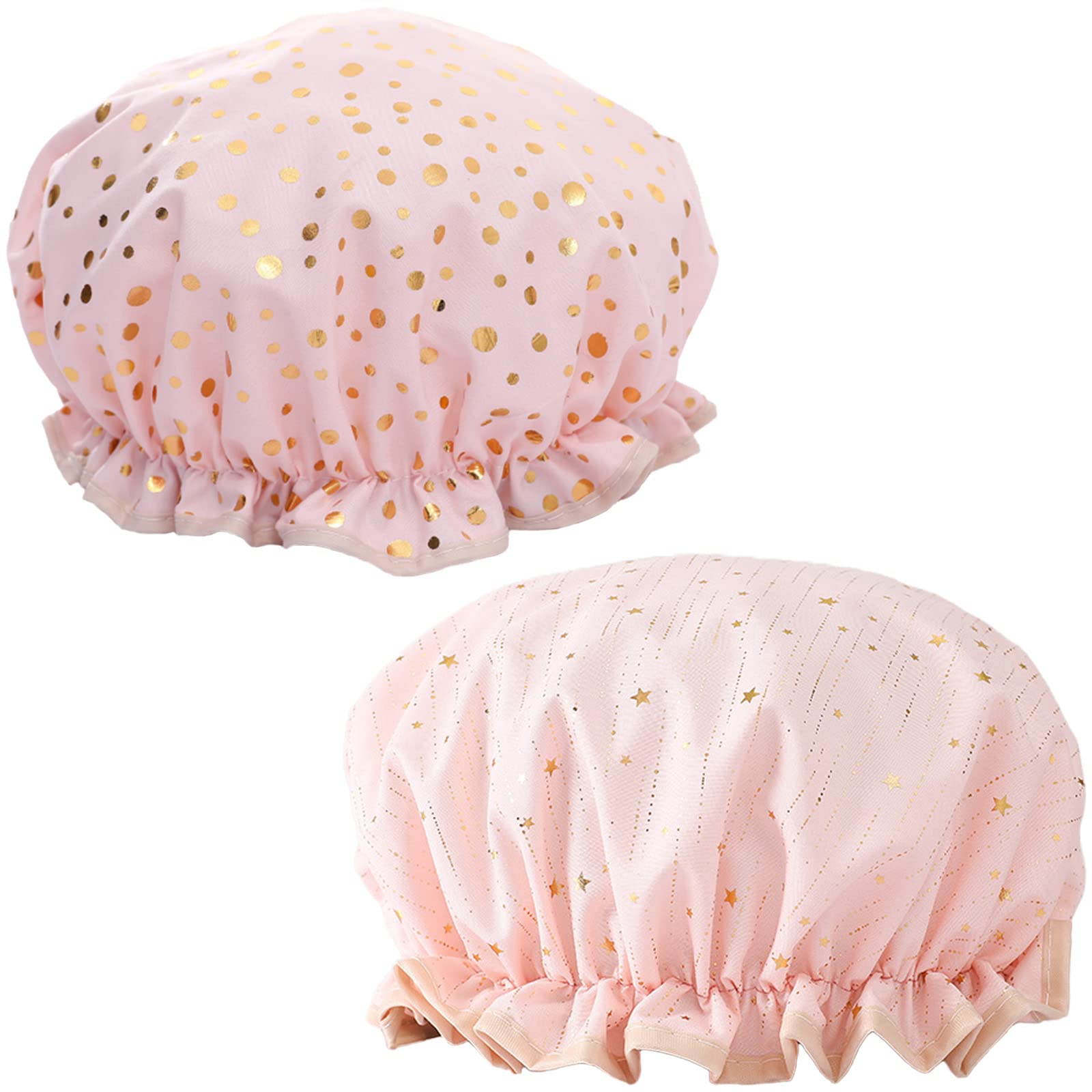 Qeuly 2 Pack Waterproof Shower Cap, Reusable Shower Cap for Women, Elastic Bathing Shower Hat Double Layers Bathing Hair Cap PEVA Lined Shower Hair Bath Cap (Pink Dots / Star)