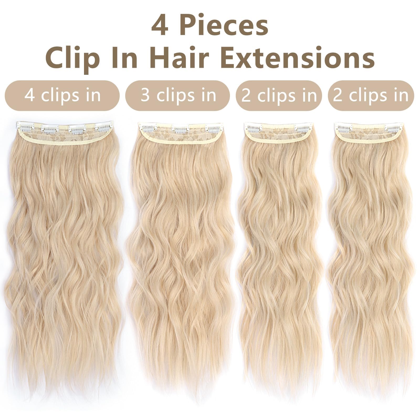 ALXNAN Clip in Hair Extension,Long Wavy Blonde Hair Extensions, 20 Inch 4PCS Thick Hairpieces Fiber Double Weft Hair for Women