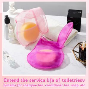 Nuanchu 2 Pcs Bar Soap Saver Bag Beauty Shampoo Conditioner Bar Pouch Rabbit Shape Travel Soap Holder Loofah Bubble Foam Net Savers Recycled Mesh Soap Bag(Light Pink, Rose Pink,14x7.8'')