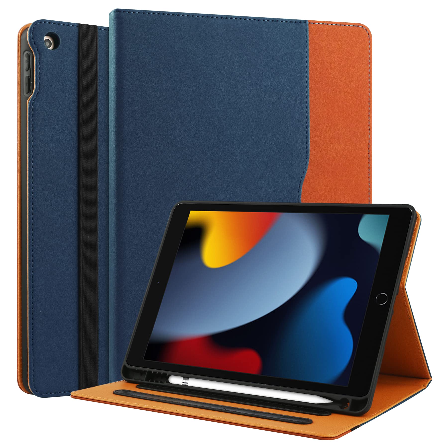 for iPad 9th/8th/7th Generation Case 2021/2020/2019 10.2 Inch Case with Built-in Pencil Holder, Folio Stand Cover with Multiple Angles & Auto Sleep/Wake for iPad 10.2 Inch 9/8/7 Gen, Navy Blue/Brown