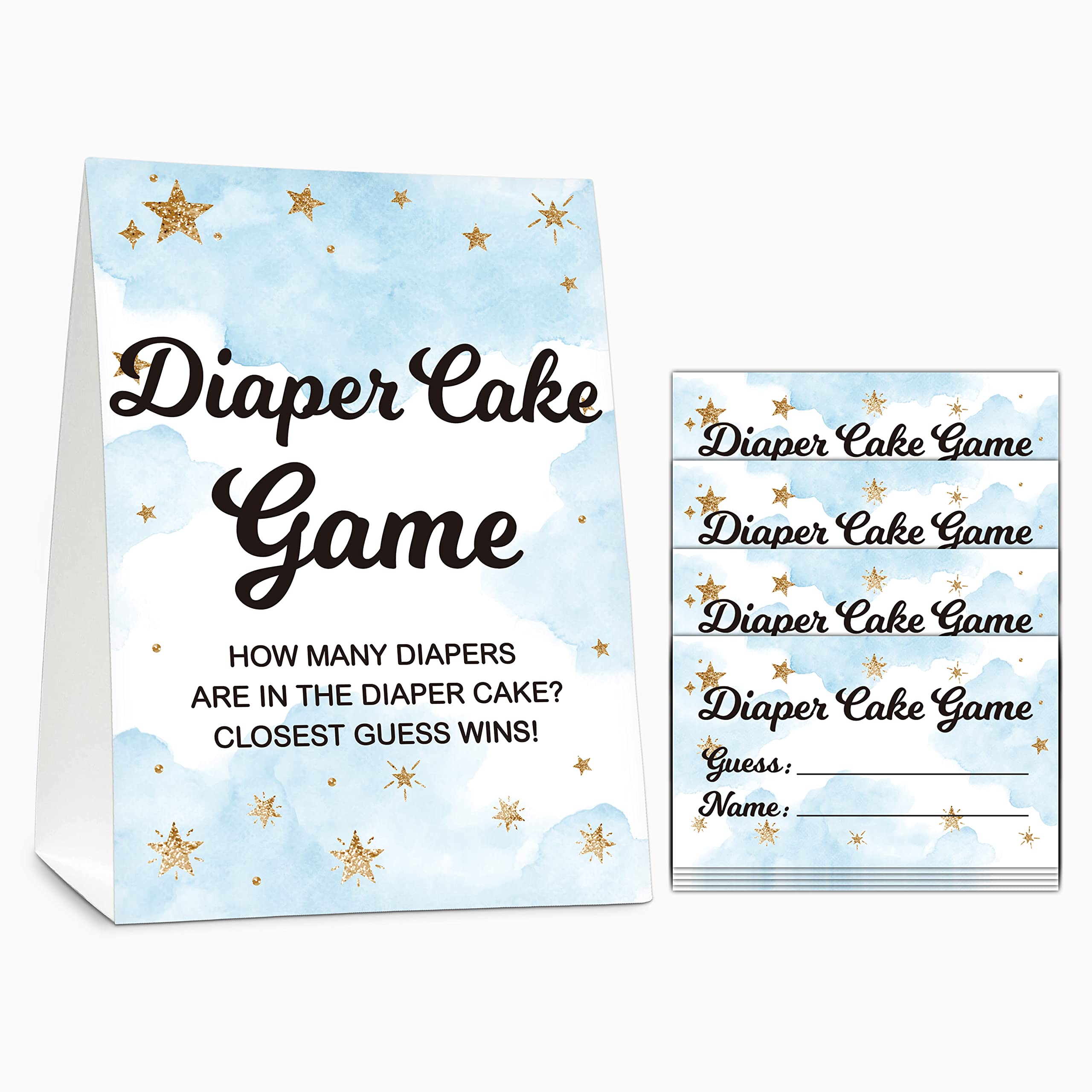 Baby Shower Game Set, Diaper Cake Games(1 Standing Sign + 50 Guessing Cards), Moon and Stars Guess How Many Diapers Party Game, Sleepover Theme Gender Reveal Party Favor Decor(A06)