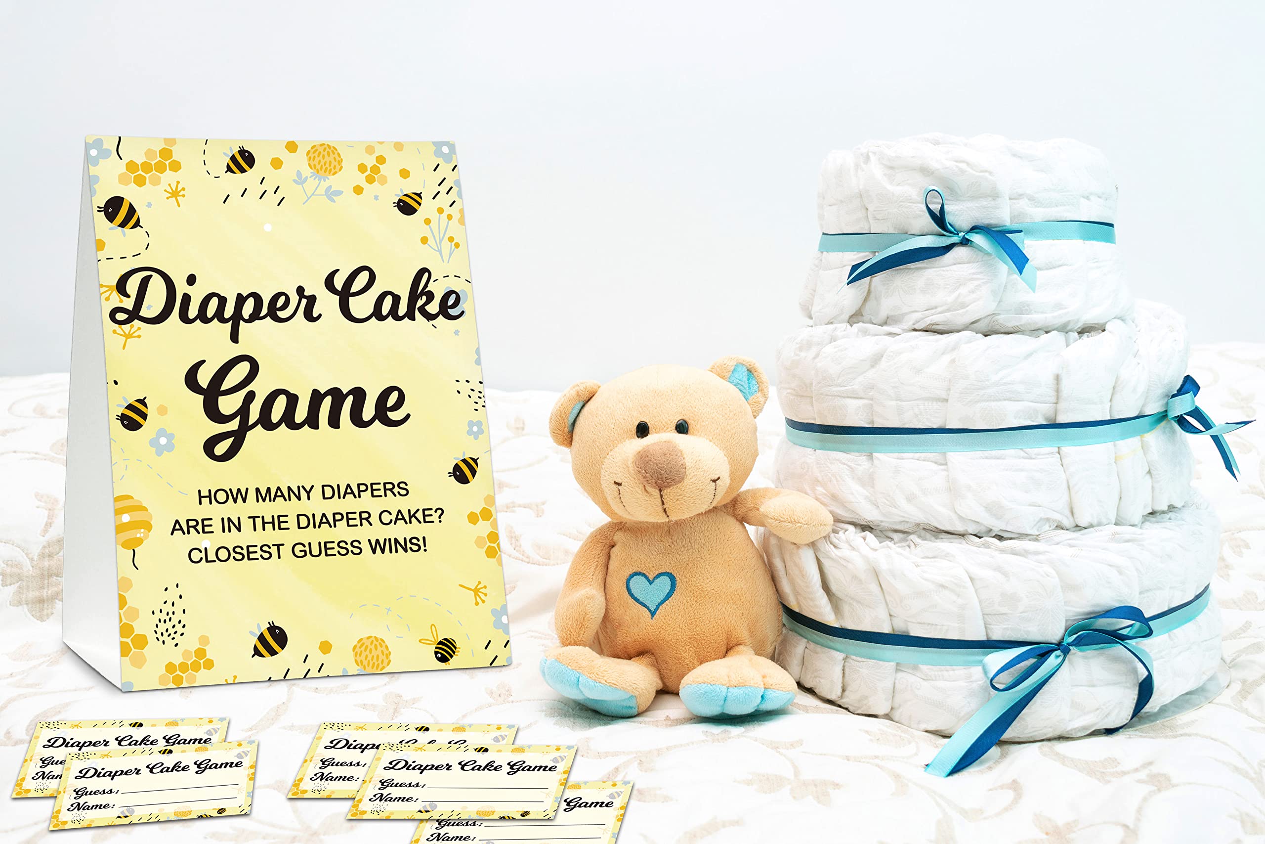 Baby Shower Game Set, Diaper Cake Games(1 Standing Sign + 50 Guessing Cards), Bumble Bee Guess How Many Diapers Party Game, Honey Honeycomb Gender Reveal Party Favor Decor(A05)