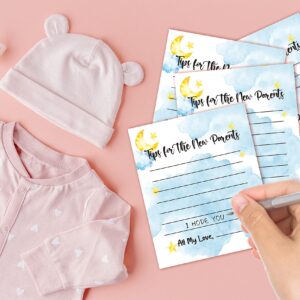 Baby Shower Games, Parenting Tip Jar Party Games(1 Standing Sign + 20 Advice Cards), Moon and Stars Advice Cards for New Parents, Sleepover Theme Baby Shower/Gender Reveal Party Favor Decor(A05)