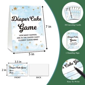 Baby Shower Game Set, Diaper Cake Games(1 Standing Sign + 50 Guessing Cards), Moon and Stars Guess How Many Diapers Party Game, Sleepover Theme Gender Reveal Party Favor Decor(A06)