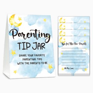 baby shower games, parenting tip jar party games(1 standing sign + 20 advice cards), moon and stars advice cards for new parents, sleepover theme baby shower/gender reveal party favor decor(a05)