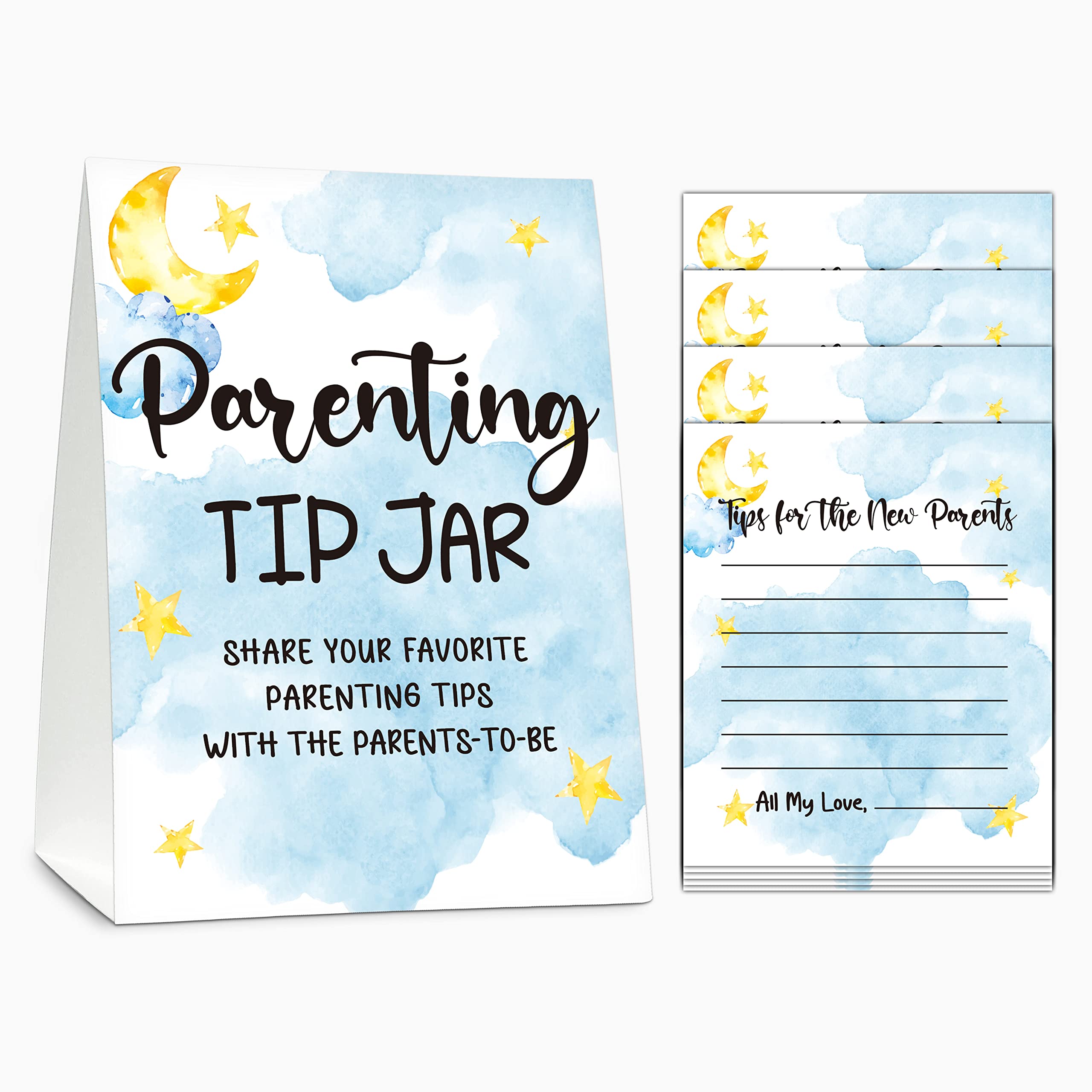 Baby Shower Games, Parenting Tip Jar Party Games(1 Standing Sign + 20 Advice Cards), Moon and Stars Advice Cards for New Parents, Sleepover Theme Baby Shower/Gender Reveal Party Favor Decor(A05)